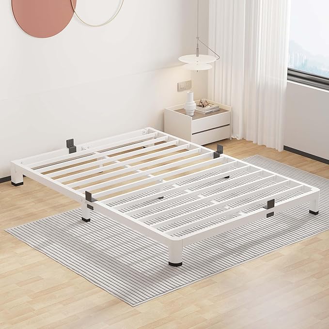 ROIL 4 Inch White Full Bed Frame with Rounded Corner and Mattress Retainers, 3500LBS Heavy Duty Steel Slats No Box Spring Needed Platform Noise-Free Easy Assembly