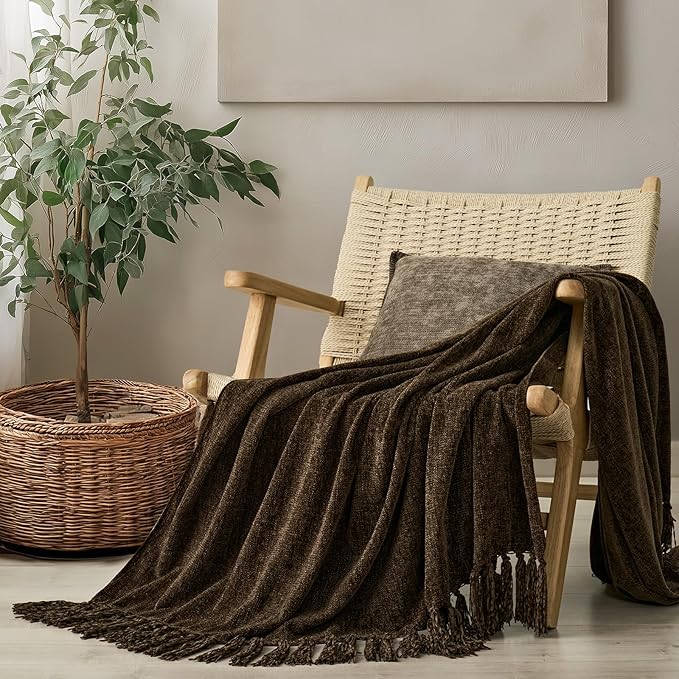 EVERGRACE Soft Chenille Throw Blanket for Couch, Cozy Plush Fuzzy Decorative Chenille Knit Throw Blanket with Tassels, Lightweight Blanket and Throws for Bed Sofa Gift Home Decor, Dark Brown 60"x80"