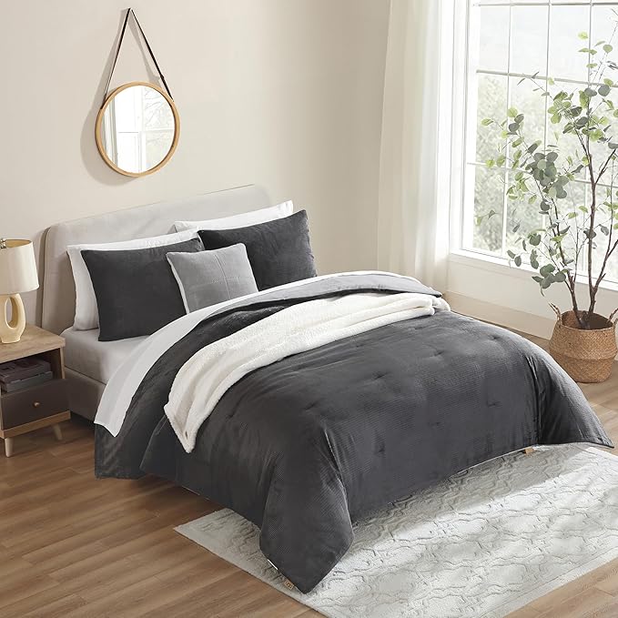 UGG Comforter Set 5 Piece Bed in a Bag with Throw Blanket, Decorative Pillow, Shams, and Reversible Comforter Hypoallergenic Washable Luxury Warm Fluffy Bedding Set, Charcoal Grey, King Size (Remina)