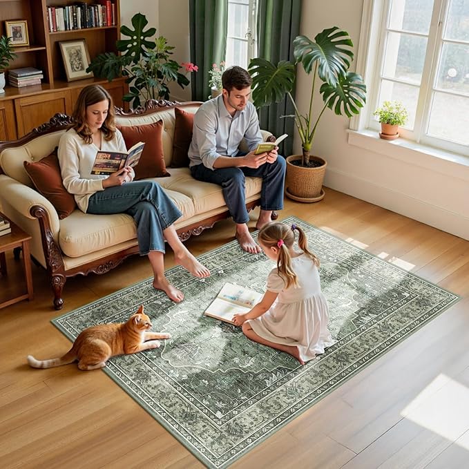Area Rugs 4'x6' Washable Non-Slip, Floral Vintage Distress Print Pattern Medallion Carpet for Living Room Bedroom Dining Room, Dark Green Gray