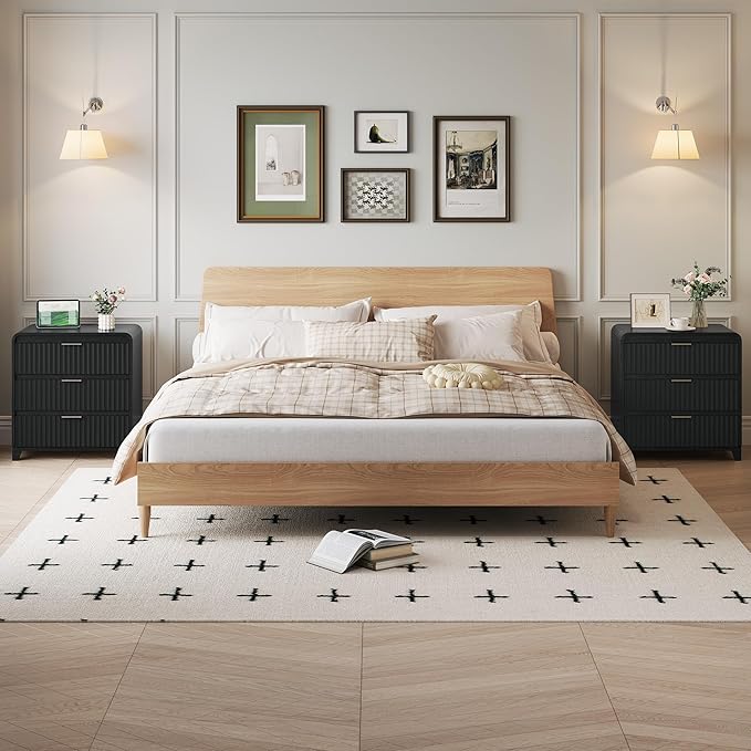3 Pcs Bedroom Furniture Set, 8 Drawer Fluted Dresser and Nightstand Set of 2 with Charging Station, Modern Bed Side Table Chest of Drawers Storage Cabinet Set for Bedroom, Living Room, Black