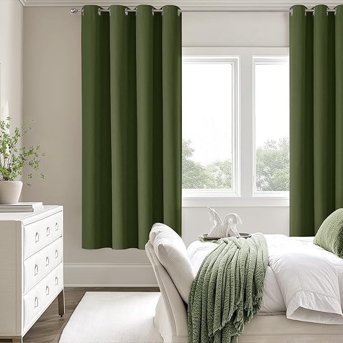 ChrisDowa 100% Blackout Olive Green Solid Curtains 72 Inches Long 2 Panels for Bedroom Living Room,Farmhouse Room Darkening Thermal Insulated Soundproof Grommet Top Window Treatment Drapes,52x72