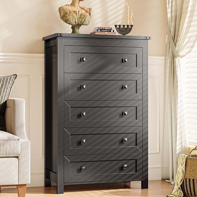 Dresser for Bedroom with 5 Drawers, Tall Wood Chest of Drawers, Modern Farmhouse Closet Clothes Organizer, Storage Tower Cabinet with Metal Handles for Hallway, Living Room, Entryway, Black