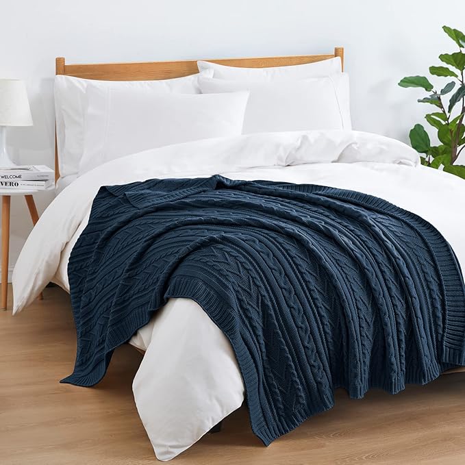 Aormenzy Navy Blue Cable Knit Throw Blankets for Couch Bed Sofa, Acrylic Knitted Blanket, Soft Cozy Throw Blanket, 50" x 60"