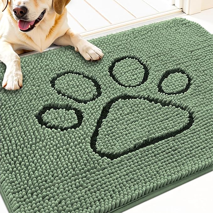 OLANLY Dog Door Mat for Muddy Paws 30x20, Paw Print Design, Absorbs Moisture and Dirt, Absorbent Non-Slip Washable Doormat, Quick Dry Chenille Mud Mat, Entry Indoor Entryway Carpet, Olive Green