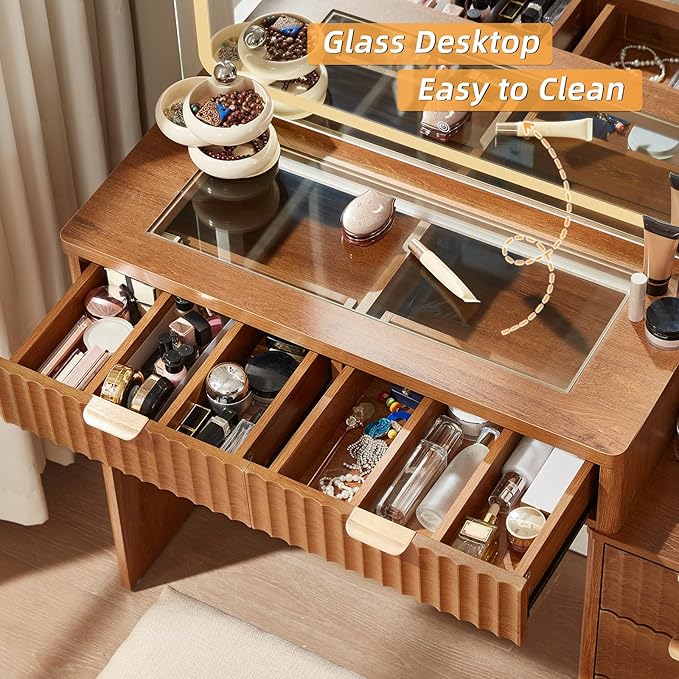 LEYAOYAO Vanity Desk with Mirror and Lights, 43.5'' Fluted Makeup Vanity with 6 Drawers and Adjustable Shelves, Wood TC Make Up Vanity Dressing Table with Glass Top and Power Outlet for Bedroom
