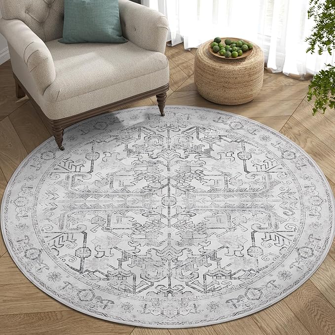 jinchan Lima Round Rug 5ft Vintage Machine Washable Area Rug Indoor Circle 5' Ultra-Thin Non-Slip Floral Print Carpet for Farmhouse Entryway Dining Room Living Room Bedroom Office (5'Round, Grey)