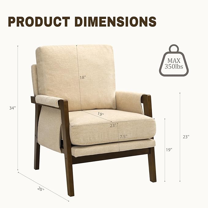 Beige Accent Chair for Bedroom & Living Room, Mid Century Modern Accent Arm Chair, Upholstered Anthropologie Accent Chair with Solid Wood Frame, Fabric