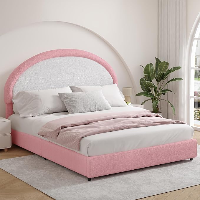 Queen Bed Frame, Boucle Upholstered Platform Bed Frame with Headboard, White Bed Frame, Soft Rounded Corners, No Box Spring Required, Easy Assembly, Pink&White