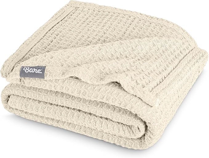 Bare Home Oyster Waffle Blanket, Throw Size 44Wx66L, 100% Cotton, Soft & Breathable for All Seasons, Lightweight, Perfect for Layering Bed, Sofa & Couch (Throw/Travel, Oyster)