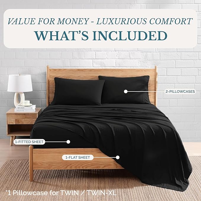Casa Platino Twin XL Sheets, 3 Piece Set, Pre-Washed Ultra Soft & Breathable Bed Sheets Set, Brushed Microfiber Twin XL Bedding Sets, Twin XL Size Sheets with 15 inch Deep Pockets - Black