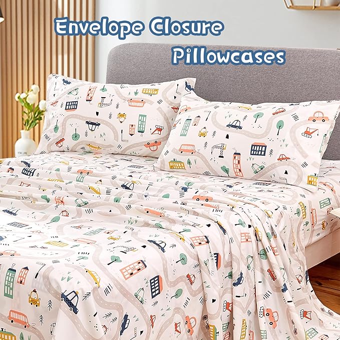 JSD Car Kids Printed Sheet Set Full Size, 4 Piece Soft Microfiber Bed Sheets Deep Pocket