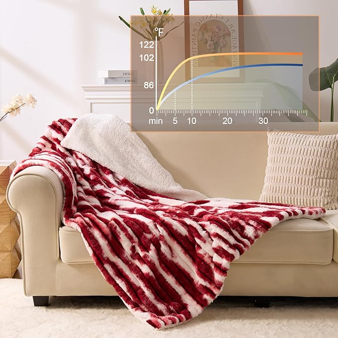Heated Blanket Queen - 84"x90" Dual Control Bed Electric Blankets with 6 Heating Levels & 10 Hours Auto Off, Soft Ribbed Faux Fur Sherpa, Over-Heated Protection ETL, Red