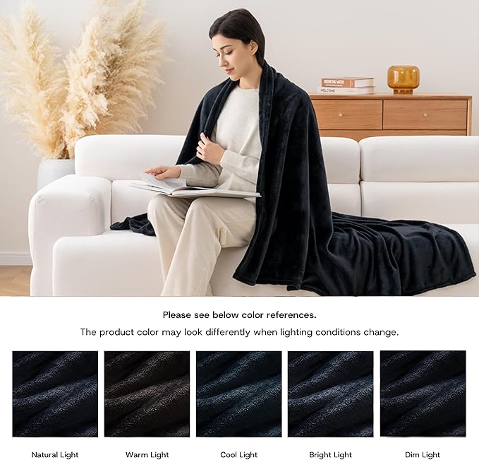 Luxury Fleece Warm Blanket, Soft Lightweight Velvety Plush Blanket for Sofa and Bed, Cozy Comfy for All Seasons(Black, 90×90 Inches)