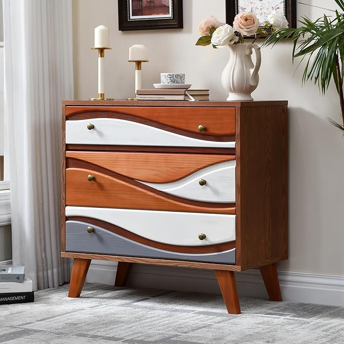 3-Drawer Dresser with Sculpted Wave Fronts, Tri-Color Drawer Design, Modern Chest of Drawers Storage Cabinet for Bedroom, Living Room, Hallway, or Office