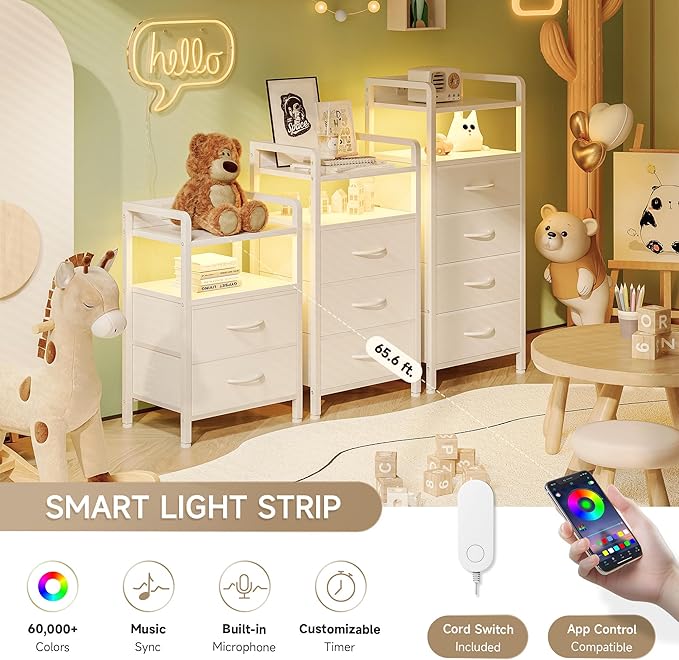 Night Stand Bedside Table Bedroom - White Nightstand with Charging Station & LED Light Strip, Morden Bed Side End Table with Storage Shelf & 2 Fabric Drawers, U-S-B Ports & AC Outlets