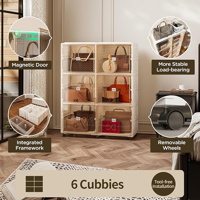 6 Cubbies Handbag Storage Organizer for Closet, Purse Organizer Cabinet with Magnetic Doors & Wheels, Foldable One-Piece Transparent Storage Box for Bags, Boots, Clothes, Toys, Books