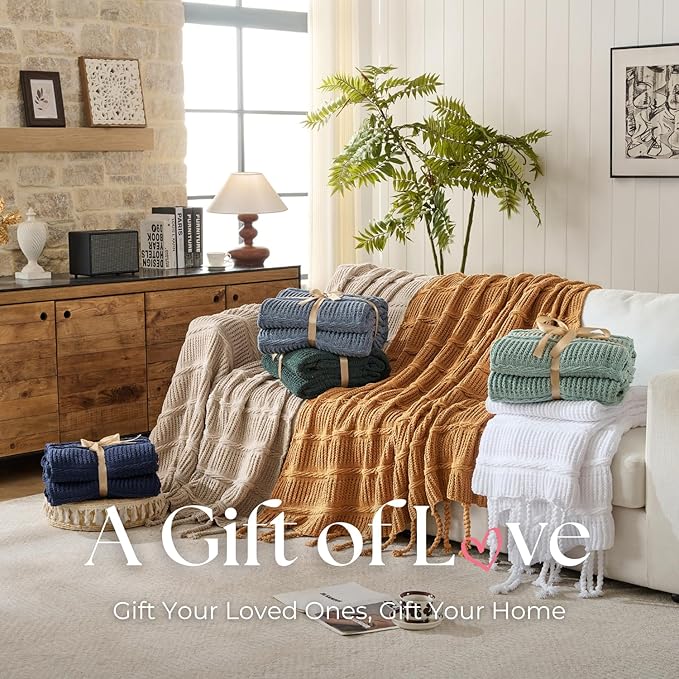 Boho Knitted Chenille Blanket with Tassels - Lightweight & Soft All-Season Throw - 3D Classic Pattern for Living Room Bedroom Couch, Royal Blue, King 90"x108"
