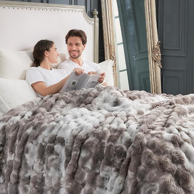 Cozy Bliss Faux Fur Throw Blanket for Couch, Fuzzy Soft Plush Thick Bubble Blanket for Sofa Bedroom Living Room, 108 * 90 Inches Tie Dye Taupe