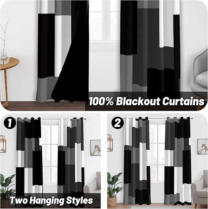 Black Grey 100% Blackout Curtains for Bedroom 72 inch Long 2 Panels Set White Grey Modern Abstract Geometric Black Out Curtains Insulated Room Darkening Window Drapes for Living Room, 52Wx72L