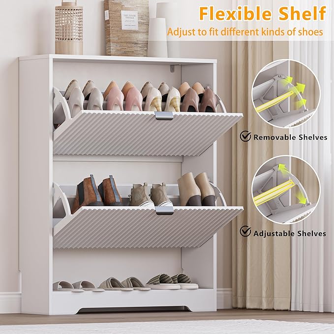 Shoe Cabinet with 2 Flip Drawers, Fluted Shoe Storage Cabinet with Adjustable Shelves, Freestanding Rack and Organizer for Entryway, Closet, Hallway
