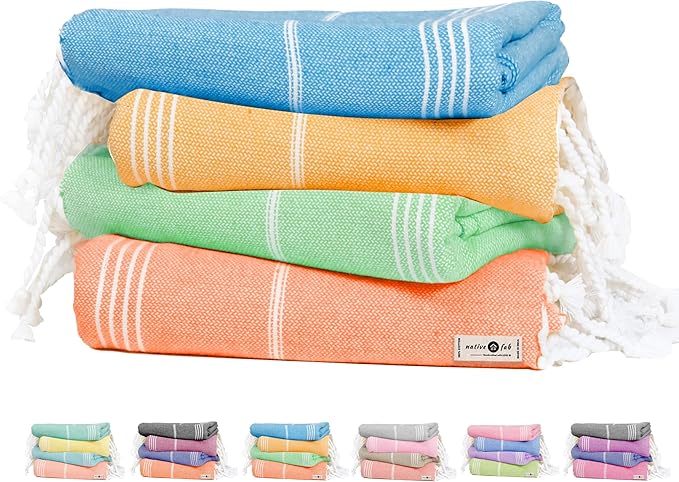 Native Fab Turkish Beach Towels 4 Pack, Oversized 40"x71", Quick Dry, Sand Free, Lightweight, Absorbent, Multipurpose Travel & Pool Towels - Orange, Mustard Yellow, Aqua Green, Turquoise Blue
