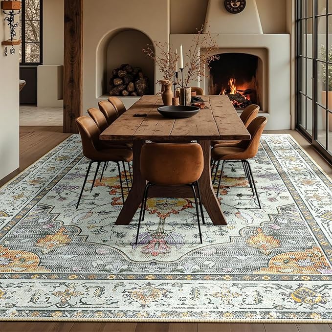 Area Rugs 10'x12' Washable Non-Slip, Floral Vintage Distress Print Pattern Medallion Carpet for Living Room Bedroom Dining Room, Light Yellow Carbon Grey Orange