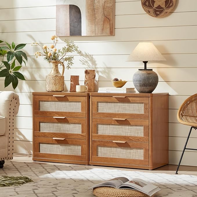 LEYAOYAO Rattan Dresser and Nightstand Sets 3 Piece, Boho Wood Dresser for Bedroom with 6 Drawers and Night Stand with 3 Drawer, Bedroom Furniture, Dressers & Chests of Drawers, Living Room, Hallway