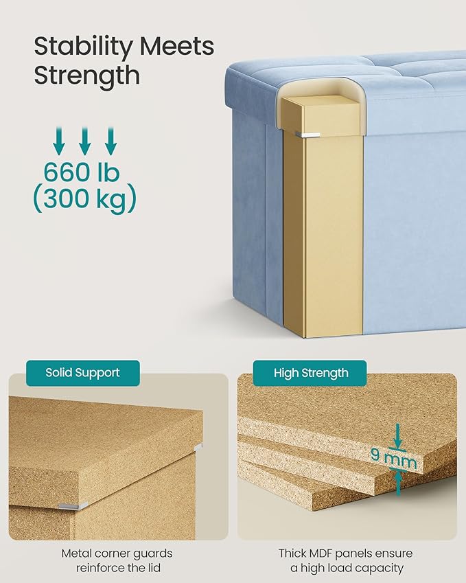 SONGMICS Mazie Collection - 43 Inches Storage Ottoman, Foldable Storage Bench with Flipping Lid, 660 lb Load Capacity, for Entryway, Living Room, Bedroom, Velvet Fabric, Pale Blue ULSF078QQ03