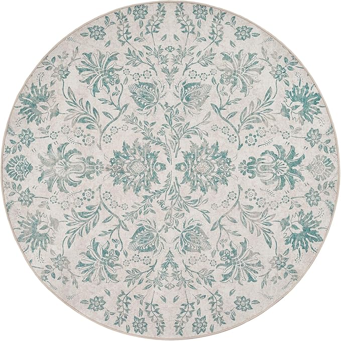 jinchan Torino Classic Floral Round Rug 7ft Vintage-Inspired Design 7’Circle Rug Machine Washable Ultra-Thin Low-Pile Non-Slip Indoor Carpet for Bedroom Dining Room Living Room
