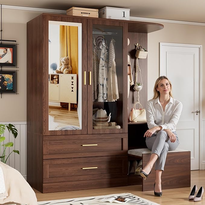 PAKASEPT 2 Doors Armoire Wardrobe Closet with Mirror,71'' Tall Freestanding Wooden Wardrobe Closet Farmhouse Storage Cabinet for Bedroom with Hanging Rod,Clothes Hook,Drawers,Hidden Bench,Retro Brown