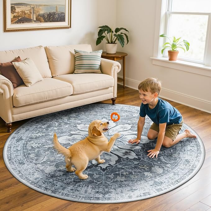 Area Rugs 6ft Washable Non-Slip, Floral Vintage Distress Print Pattern Medallion Carpet for Living Room Bedroom Dining Room, Light Gray Grey White