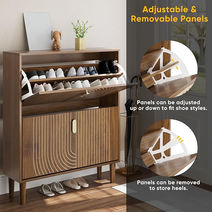 Smuxee Shoe Cabinet with 2 Flip Drawers, 31.5" Walnut Hidden Shoe Storage Cabinet with Line Groove Design, Freestanding Shoe Organizer Cabinet for Hallway, Entryway, Living Room