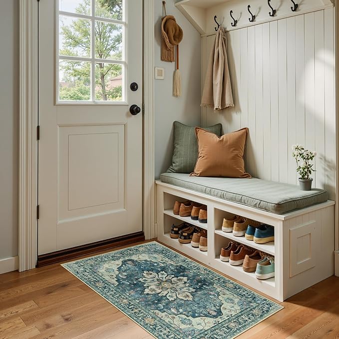 Area Rugs 2'x4' Washable Non-Slip, Floral Vintage Distress Print Pattern Medallion Carpet for Living Room Bedroom Dining Room, Dark Blue Vintage