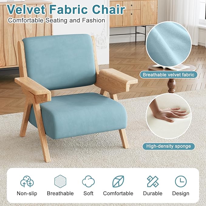 Accent Chair Mid Century Modern Chair, Velvet Upholstered Lounge Arm Chair with Solid Wood, Cozy Reading Chair for Living Room, Bedroom, Balcony (Blue)