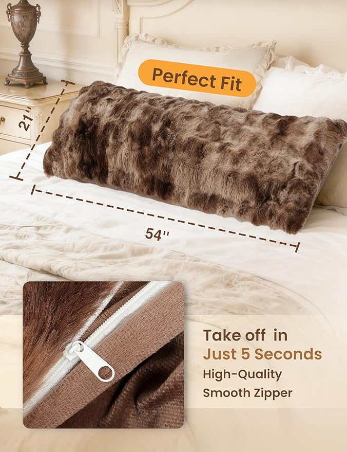 ZonLi Fluffy Bubble Body Pillow – Faux Rabbit Fur Long Pillow for Sleeping & Lounging, 20x54 inch Cozy Dual-Sided Plush Pillow with Adjustable Memory Foam Filling & Washable Cover, Brown