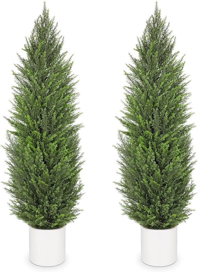 Briful 2PCS 5ft Artificial Cedar Topiary Trees in White Planter – Tall Faux Evergreen Potted Plants, Indoor Outdoor Fake Cypress Shrubs, Lifelike Fake Trees for Home, Office, Patio, Porch, Entryway