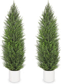 Briful 2PCS 5ft Artificial Cedar Topiary Trees in White Planter – Tall Faux Evergreen Potted Plants, Indoor Outdoor Fake Cypress Shrubs, Lifelike Fake Trees for Home, Office, Patio, Porch, Entryway