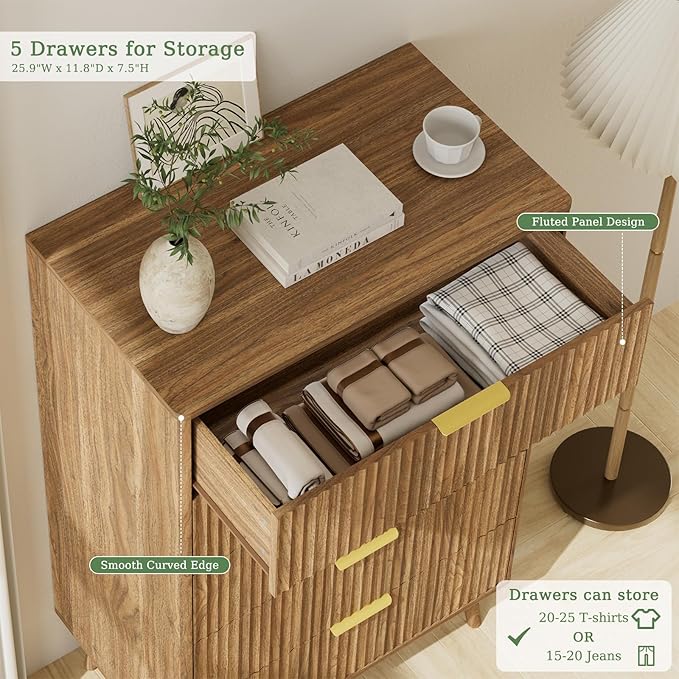 LYNSOM Fluted Dresser and Nightstand Sets 3 Piece, 5-Drawers Dresser and 1-Drawer Nightstands Set of 2, Wood Bedroom Furniture Set for Home, Bedroom, Hallway, Walnut