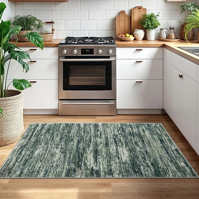 3x5 Modern Abstract Area Rug for Entryway, Dark Green Super Soft Washable Rug with Non-Slip, Low-Pile Door Mat Indoor for Living Room Bedroom, Carpet with Non-Shedding