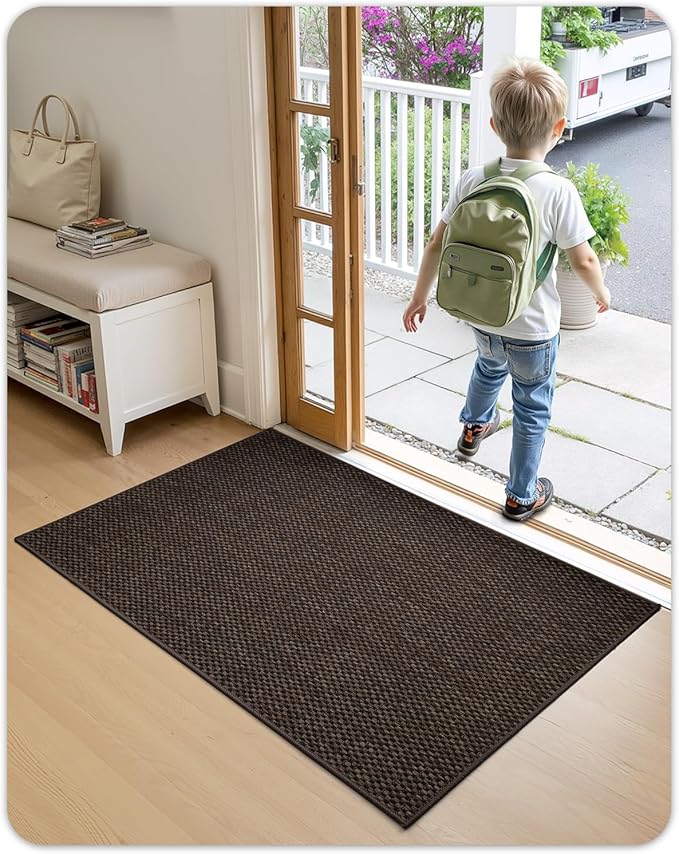 Color&Geometry Ultra-Thin Indoor Door Mat, 32"x48" Low-Profile Non-Slip Entryway Rug with Modern Geometric Texture, Washable Doormat for Indoor Entrance, Front Door, Brown (Rolled-up NO Creases)