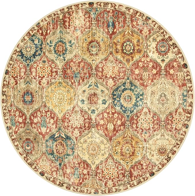 Lahome Moroccan Trellis Washable Round Area Rug, Round Rug 5ft Soft Non-Slip, Non-Shedding Distressed Circle Carpet for Bedroom Living Room Bathroom Nursery Kitchen, Red/Orange