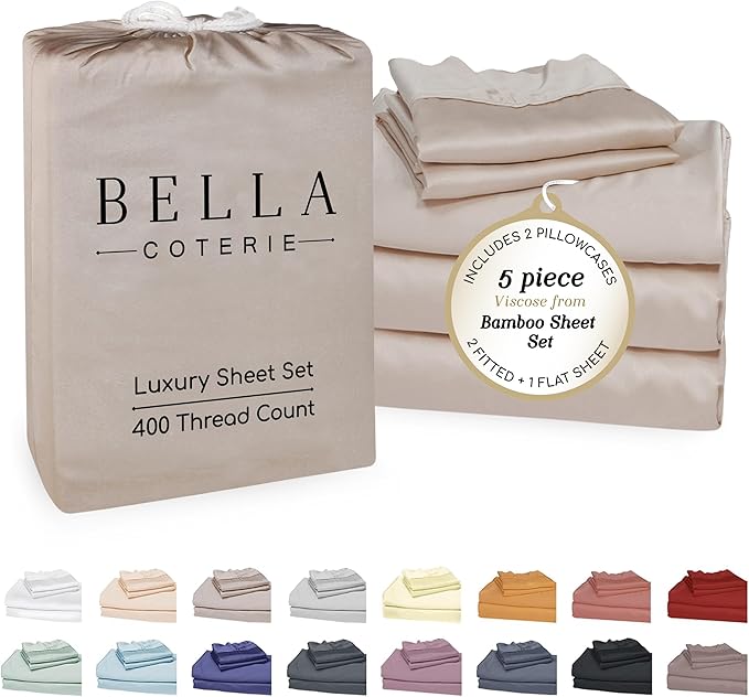 Bella Coterie Luxury Bamboo Viscose Split King Size Sheet Set | 2 Fitted Sheets for Sleep Number & Adjustable Beds | 100% Organically Grown | Cooling & Ultra Soft | 18” Deep Pocket [Dune]