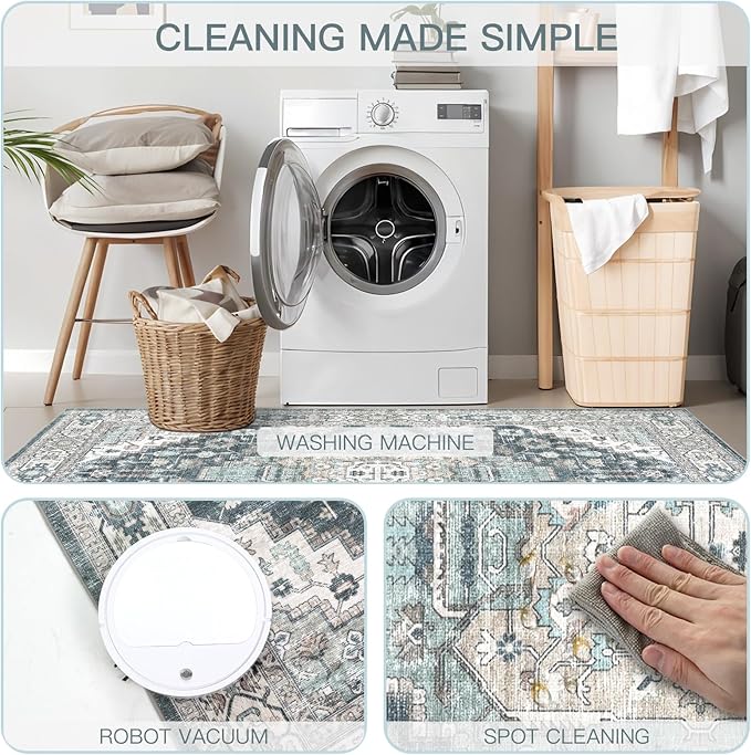 9x12 Vintage Washable Area Rug for Living Room,Low Pile Non Slip Carpet Non-Shedding Large Area Rug Soft Indoor Stain Resistant Rug Boho Print Mat for Bedroom Dining Room Blue Beige Multi