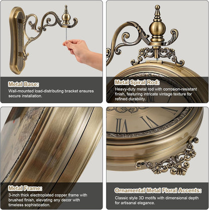 Large Vintage Double Sided Wall Clock with Glass & Metal, Roman and Arabic Numerals, Silent Non-Ticking Battery Operated Antique Clock for Living Room, Office, Hallway Decor (15x18.5 Inch)