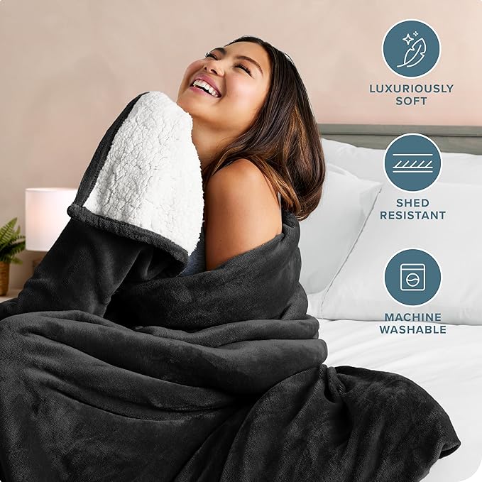 Bare Home Sherpa Fleece Blanket - King Size - Blanket for Bed, Sofa, and Couch - Warm & Lightweight - Fluffy & Soft - Reversible (King, Black)