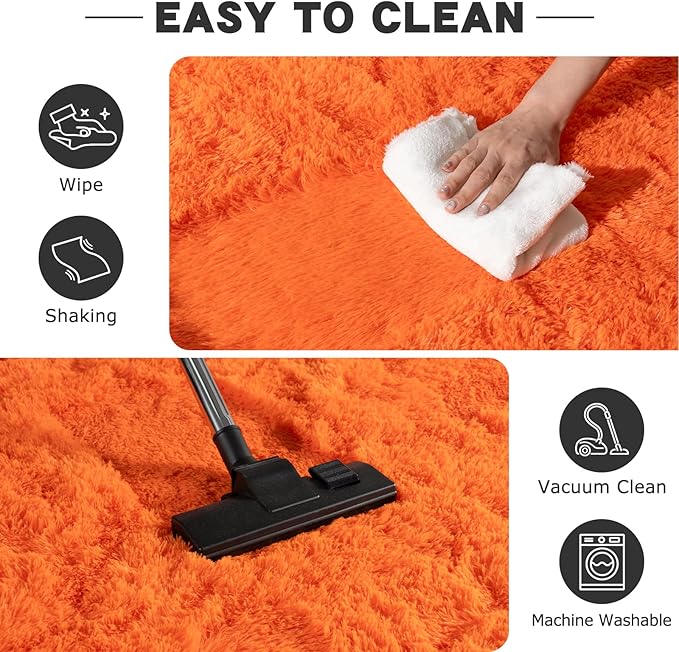 Round Orange Rug for Bedroom, 8 ft Circle Area Rugs for Living Room, Soft Large Fluffy Shag Carpet for Teen Girls Boys Nursery Room Dorm Home Decor Aesthetic