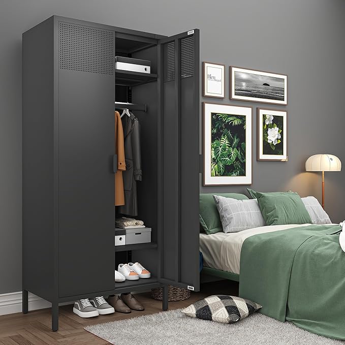 COFaR Metal Wardrobe Cabinet with Hanging Rod, 71 inches Tall Bedroom Armoire Wardrobe Closet for Home, Office, Garage, Laundry Room Black