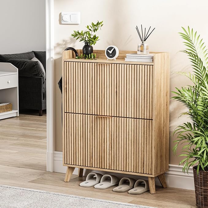 Fluted Shoe Cabinet with 2 Flip Drawers, Mid Century Modern Shoe Storage Cabinet for Entryway, Hidden Shoes Rack Cabinets Free Standing Shoes Organizer for Hallway(Oak)