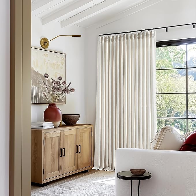 Extra Wide Linen Pinch Pleated Curtains 84 Inches Long 100 Inch Wide Patio Sliding Door Curtains Light Filtering Semi Sheer Pinch Pleat Drapes Cream Ivory Boho 100 x 84 Drapes for Living Dining Room
